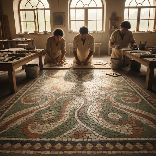 Artisans meticulously building a Mediterranean mosaic floor