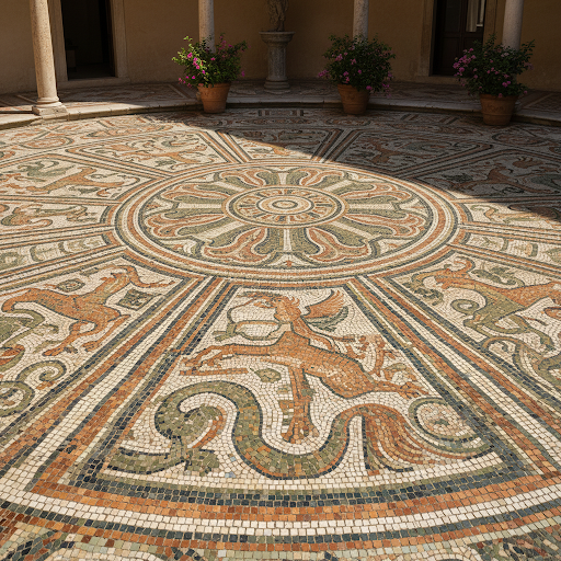 High-definition, professional architectural photography of a beautiful, intricate Mediterranean mosaic floor bathed in soft, warm natural sunlight.